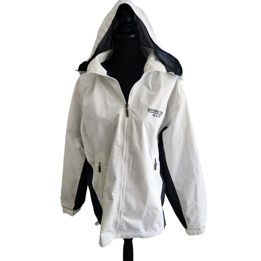 Cheneral Vintage 90's Boothbay Harbor White Navy Blue Jacket Hooded Size M  flaw